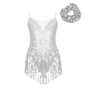 Jhaoyu Girls Tassel Hem Latin Dance Leotard Dress Sequins Ballroom Tango Costume Fringed Bodysuit with Hair Tie Silver 13-14 Years