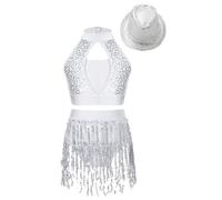Jhaoyu Kids Girls Dance Outfits Sequins Crop Top with Tassel Shorts and Hat Set Modern Jazz Latin Salsa Dancewear White 7-8 Years