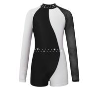 Jhaoyu Kids Girls Gymnastics Leotard Long Sleeve Round Collar Bodysuit Jazz Latin Dance Costume Black&White 15-16 Years