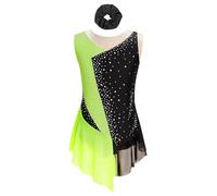 Jhaoyu Kids Girl's Sleeveless Dance Leotard Dress with Hair Band Latin Jazz Ice Skating Costume Fluorescent Yellow&Black 13-14 Years