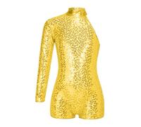 Jhaoyu Kids Girls Sparkly Sequin Gymnastics Leotard One Shoulder Long Sleeve Jazz Latin Dance Performance Costume Gold 16 Years