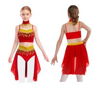 Jhaoyu Kids Girls Tassels Carnival Set Belly Dance Outfits Arabian Princess Costume with Festival Accessories Red 13-14 Years