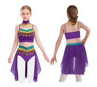 Jhaoyu Kids Girls Tassels Carnival Set Belly Dance Outfits Arabian Princess Costume with Festival Accessories Purple 13-14 Years
