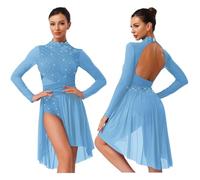 Jhaoyu Lyrical Dance Costumes for Women Contemporary Ballet Leotard Dress Irregular Flowy Tulle Skirt Dusty Blue S