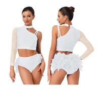 Jhaoyu Women 2 Piece Crop Top with Feather Briefs Jazz Latin Lyrical Dance Outfit Sparkly Rave Party Costume White L