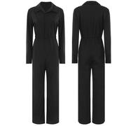 Jhaoyu Women Casual Solid Color Boiler Suit Turn-Down Collar Coverall Overall Boilersuit Workwear Jumpsuit Black L