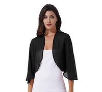 Jhaoyu Women Chiffon Shrugs Bolero Cardigans UK Ladies 3/4 Sleeve Shawl Open Front Crop Tops Evening Wedding Cover Up Black S