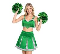 Jhaoyu Women Crop Top Skirt Stocking Set with Balls Cowboys Costume | Crop Top with Miniskirt Pom Poms Set,Training Performing Costume,Glitter Sequin Trim,Musical Party Outfits,Elastic Waistband