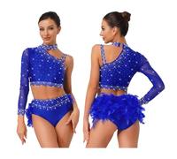 Jhaoyu Women Crop Top with Feather Briefs 2 Piece Jazz Latin Lyrical Dance Outfit Sparkly Rave Costume Royal Blue XL