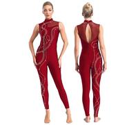 Jhaoyu Women Full Body Unitards Figure Skating Jumpsuit Gymnastics Leotard Sleeveless Bodysuit Catsuit Burgundy M