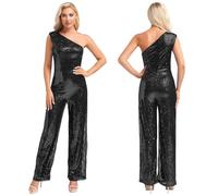 Jhaoyu Women Glitter High Waist Overalls One Shoulder Sequin Jumpsuit Elegant Wedding Outfits Rompers Black M