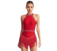 Jhaoyu Women Latin Jazz Dance Dress Glittery Rhinestones Fringe Leotard Backless Rumba Salsa Cha-cha Ballroom Costume Burgundy XL