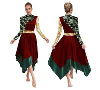 Jhaoyu Women Liturgical Praise Dance Dress Color Block Patchwork Lyrical Dance Costume Worship Robe Dancewear Burgundy L