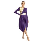 Jhaoyu Women Praise Dance Robe Long Sleeve Metallic Color Block Liturgical Worship Dress Lyrical Costume Dark Purple M