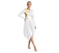 Jhaoyu Women Praise Dance Robe Long Sleeve Metallic Color Block Liturgical Worship Dress Lyrical Costume White S