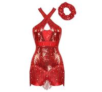 Jhaoyu Women Sequins Tassel Latin Dance Dress Sleeveless Fringed Skirted Leotard with Hair Tie Performance Costume Red S