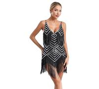 Jhaoyu Women Sequins Tassel Latin Dance Dress V Neck Sleeveless Dresses Salsa Tango Performance Costume Black&Silver M