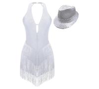 Jhaoyu Women Shiny Tassel Latin Dance Dress Fringed Leotard with Hat Salsa Tango Jazz Dance Performance Costume White S