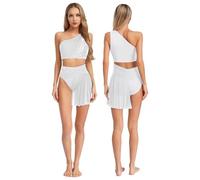 Jhaoyu Women's 2 Piece Dance Outfits Lyrical Dance Costume One Shoulder Crop Top with Mesh Skirted Briefs