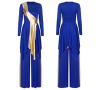 Jhaoyu Women's Asymmetric Overlay Dress with Pants Liturgical Worship Costume Metallic Lyrical Choir Gowns Blue
