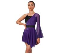 Jhaoyu Women's Color Block Ballet Leotard Dress Latin Jazz Samba Lyrical Dance Costume Flare Sleeve High-Low Tutu Skirt Purple XL
