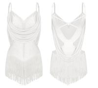 Jhaoyu Women's Fringe Skirt Bodysuit Tassel Latin Jazz Dance Leotard Rave Outfits Birthday Party Evening Costume Ivory L