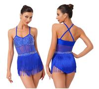 Jhaoyu Women's Tassel Fringe Bodysuit Latin Jazz Dance Leotards Sequin Dress Rumba Salsa Ballroom Costumes