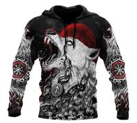 JHBTFQ Fenrir Wolf Hoodie 3D Print Viking Myths Helm of Awe Norse Runes Red Moon Pullover Cosplay Costumes Dad Gift,Hoodie,3XL