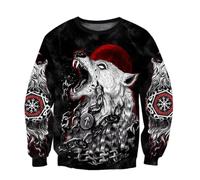 JHBTFQ Fenrir Wolf Hoodie 3D Print Viking Myths Helm of Awe Norse Runes Red Moon Pullover Cosplay Costumes Dad Gift,Sweatshirt,5XL