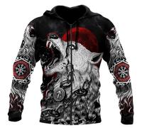 JHBTFQ Fenrir Wolf Hoodie 3D Print Viking Myths Helm of Awe Norse Runes Red Moon Pullover Cosplay Costumes Dad Gift,Zip Hoodie,3XL