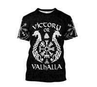 JHBTFQ Norse Myth T-Shirt for Mens 3D Printed Odin Rune Fenrir Summer Beach Short Sleeves Tops Medieval Gifts,Victory or Valhalla,M