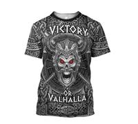 JHBTFQ Viking 3D Printed T-Shirt Vintage Norse Myth Graffiti Casual Round Neck Short Sleeve Quick-Drying Shirt,Victory or Valhalla,M