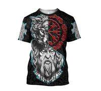 JHBTFQ Viking 3D Printed T-Shirt Vintage Norse Myth Graffiti Casual Round Neck Short Sleeve Quick-Drying Shirt,Odin Fenrir,5XL