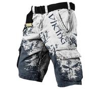 JHBTFQ Viking Summer Shorts 3D Printing Valhalla Skull with Vegvisir Odin Runes Men's Hiking Pants Training/Sports/Beach Trunks Nordic Gift,White,XXL