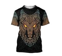 JHBTFQ Viking T-Shirt for Men Odin Raven Wolf Hammer of Thor Print Nordic Summer Short Sleeve Shirt Medieval Gift,Celtic Wolf Orange,M