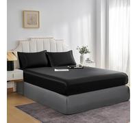 JHCHMX Black Satin Fitted Sheet Super King,Ultra Soft Deep Pocket Silk Bottom Bed Fitted Sheet,1 fitted sheet only Black 180x200cm