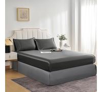 JHCHMX King Fitted Sheet Dark Grey, Deep Pocket (35cm) Soft Polyester Satin Bed Sheet, Wrinkle Resistant & Silky Smooth Easy Care Bedding for King Bed