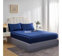 JHCHMX King Fitted Sheet Navy Blue, Deep Pocket (35cm) Soft Polyester Satin Bed Sheet, Wrinkle Resistant & Silky Smooth Easy Care Bedding for King Bed