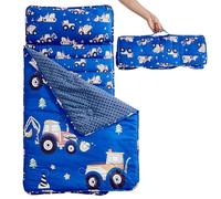 JHCHMX Toddler Nap Mat with Removable Pillow and Minky Blanket,Extra Large Rolled Slumber Bag for Boys,Toddler Sleeping Bag for Daycare Preschool Kindergarten Travel Camping-Blue Tractor