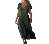 Jhebecneks Maxi Dresses for Women UK Cotton Linen Shift Dress Short Sleeve V Neck Tunic Beach Dresses Loose Summer Long Holiday Dress Party Club Vacation Lightweight Bohemian Going Out Sundress S-5XL