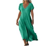 Jhebecneks Maxi Dresses for Women UK Cotton Linen Shift Dress Short Sleeve V Neck Tunic Beach Dresses Loose Summer Long Holiday Dress Party Club Vacation Lightweight Bohemian Going Out Sundress S-5XL