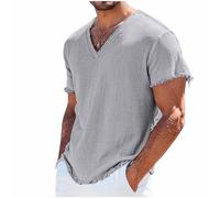 Jhebecneks Mens Linen Shirts Short Sleeve Grandad Collar Regular Fit Cotton T Shirts Beach Blosue Hawaiian Shirt Smart Casual Breathable Wear Casually for Holiday, Wedding, Office A-Gray
