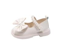 Jhebeks Beige Girls School Shoes Round Toe Soft Soled Princess Ballet Flats with Pearls Strap Bow Tie Slip-On Holiday Outdoor Mary Jane Footwear for Party Wedding Birthday 1-6 Years Size 10.5