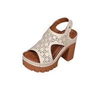 Jhebeks Beige Sandals for Women Uk Casual Thick Bottom Thick Heel Soft Sole Sandals with Strap Hollowed Out Summer Womens Shoes Open Toe Breathable Ladies Shoes for Holiday Outdoor Size 7