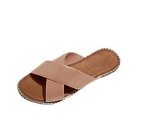 Jhebeks Beige Summer Slippers Women Soft Sole Non Slip Comfy Flat Sandals Casual Slip On Slide with Soft Leather Ladies Slippers Lightweight Crossover Slides for Shower Bathroom Pool Beach Size 6.5