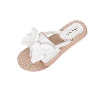 Jhebeks Beige Summer Slippers Women Soft Sole Open Toe Breathable Fabric Ladies Shoes Non Slip Solid Color Foldable Bowtie Loafers Lightweight Casual Outdoor Flats for Wedding Party Size 6.5
