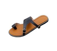 Jhebeks Black Flip Flops Women Summer Leather Ladies Flat Summer Shoes with Buckle Strap Backless Solid Plain Lightweight Ladies Sandals Breathable Soft Sole Shoes for Beach Party Size 6.5
