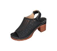 Jhebeks Black Wedge Sandals for Women Casual Thick Bottom Thick Heel Soft Sole Sandals with Strap Hollowed Out Summer Womens Shoes Open Toe Breathable Ladies Shoes for Holiday Outdoor Size 4.5