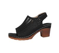 Jhebeks Black Wedge Sandals for Women Casual Thick Bottom Thick Heel Soft Sole Sandals with Strap Hollowed Out Summer Womens Shoes Open Toe Breathable Ladies Shoes for Holiday Outdoor Size 7.5