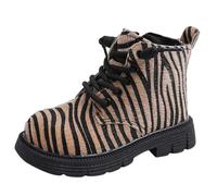 Jhebeks Boots for Girls Stripe Lace Up Winter Warm Non-Slip Kids Ankle Boots Short Side Zip Comfy Walking Booties School Shoes for School Sports Running Age 4-13Y